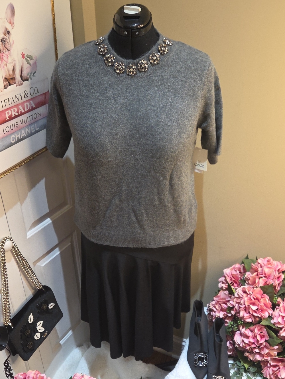 Nwt XL,L ,M CeCe Gray Short-Sleeve Embellished Sweater